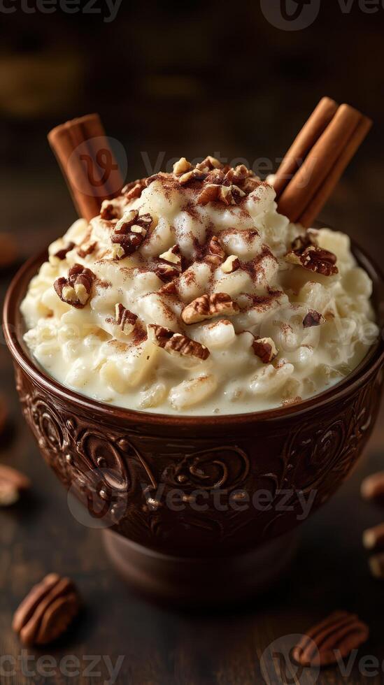 Creamy rice pudding topped with pecans and cinnamon served in a decorative bowl photo