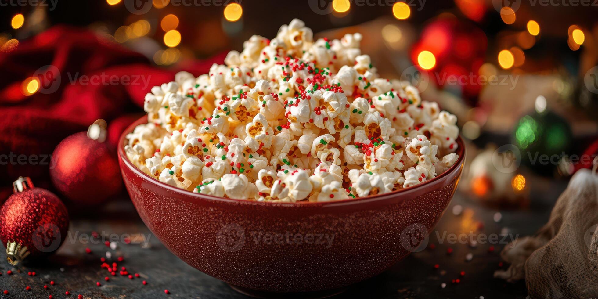 Holiday themed popcorn bowl filled with festive toppings and decorations on a cozy table setting photo