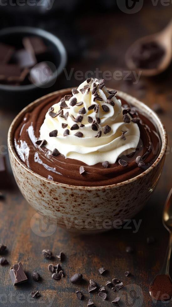 Delicious chocolate mousse topped with whipped cream and chocolate shavings ready to be served in a rustic kitchen setting photo