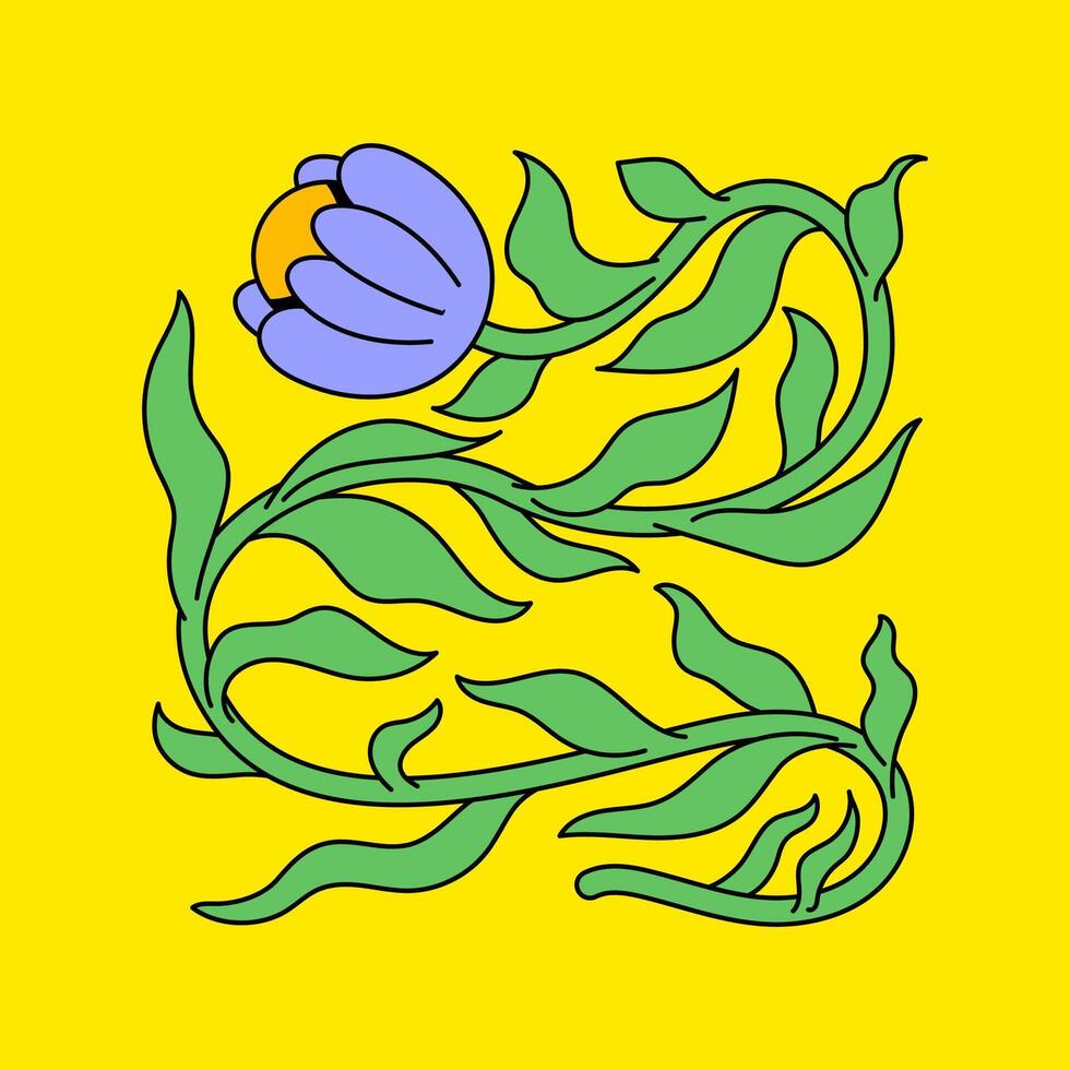 Purple flower with green leave shaping square in cartoon hand drawn vector