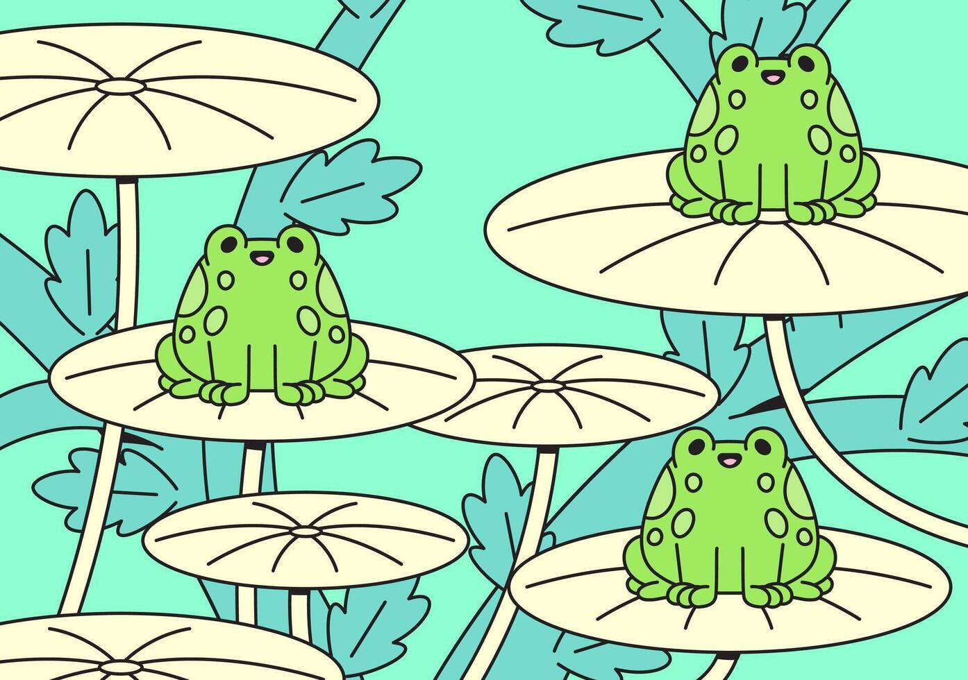 Cute frogs sitting happily on lily pads in swap background vector