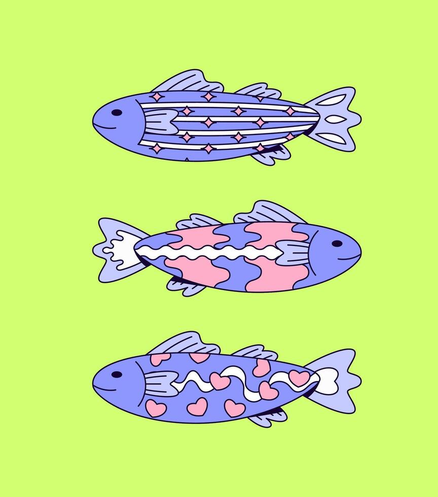 Colorful three patterned purple fish illustration vector