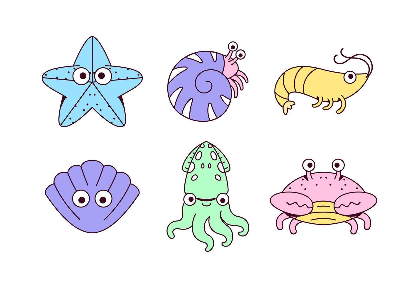 Sea creatures including a starfish, shrimp, and crab hand drawn vector