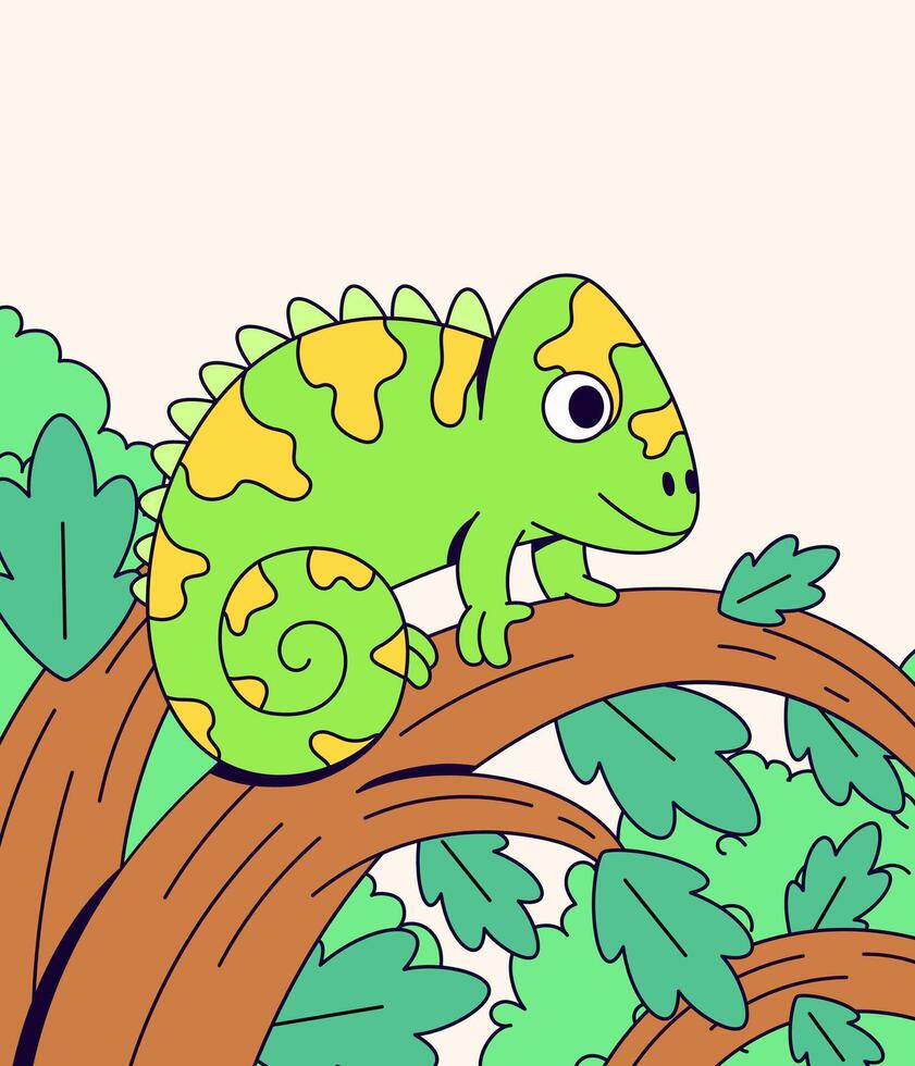 Chameleon sitting on branch character cartoon vector