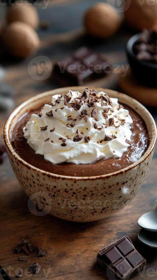 Decadent chocolate mousse topped with whipped cream and chocolate shavings in a rustic setting photo