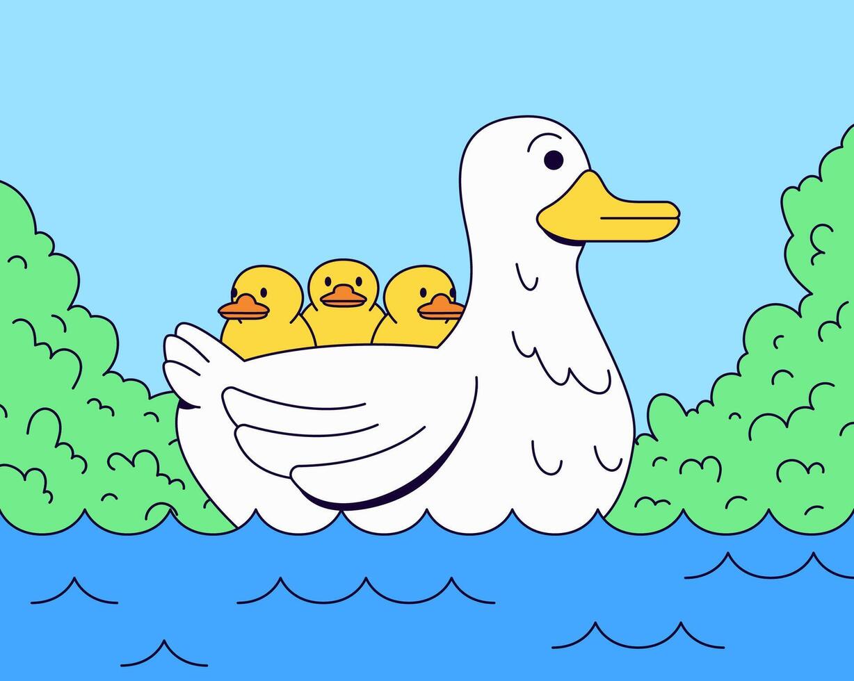 Duck with three ducklings swimming cartoon illustration vector