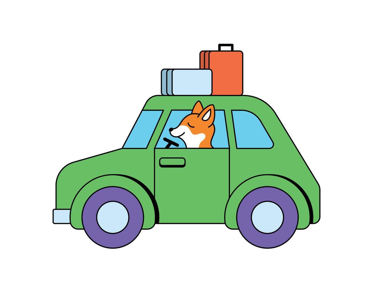 Dog driving car with luggage on top illustration vector