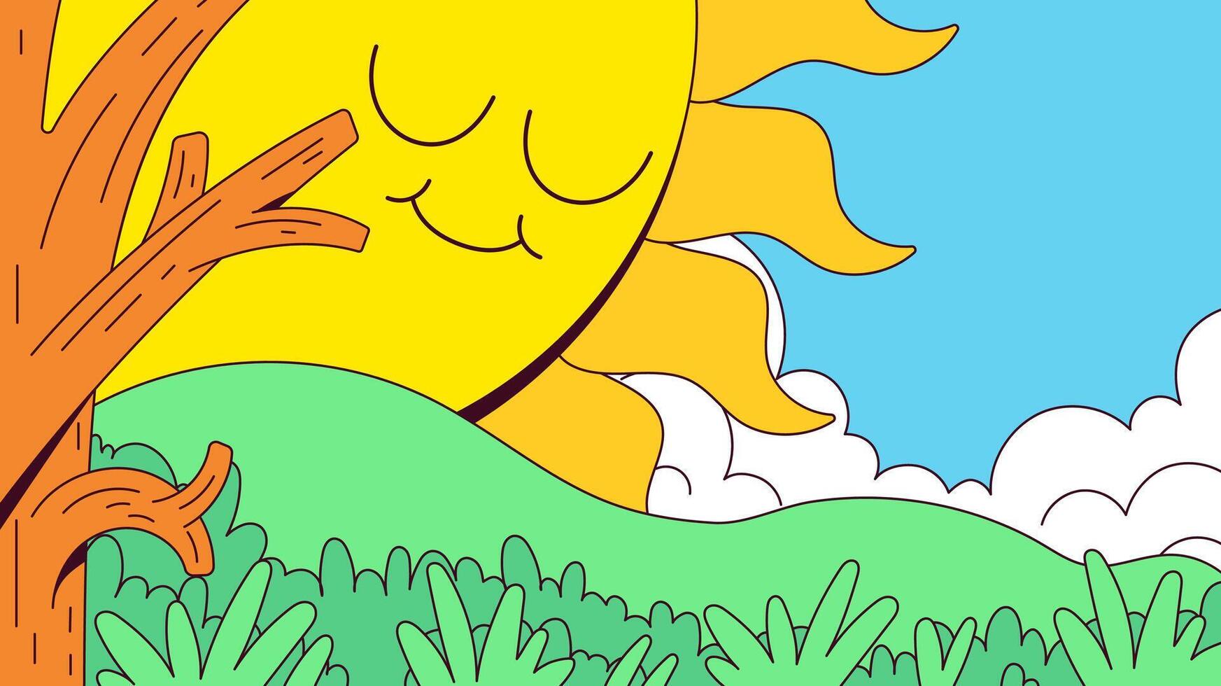 Smiling sun behind a tree in green mountain cartoon illustration vector