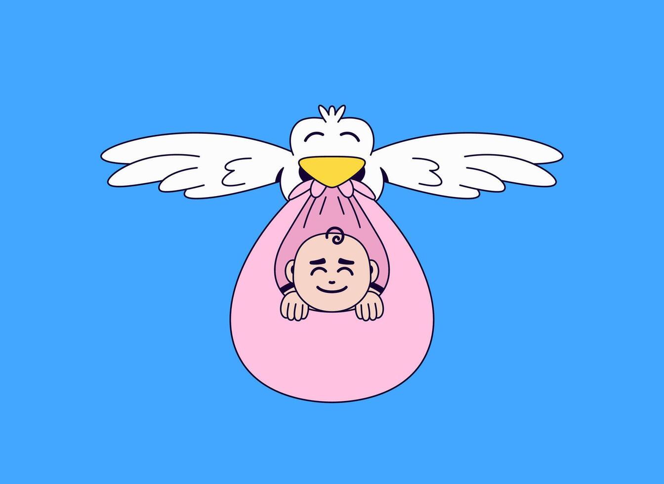 Flying Stork Delivering a Baby Cartoon character hand drawn vector