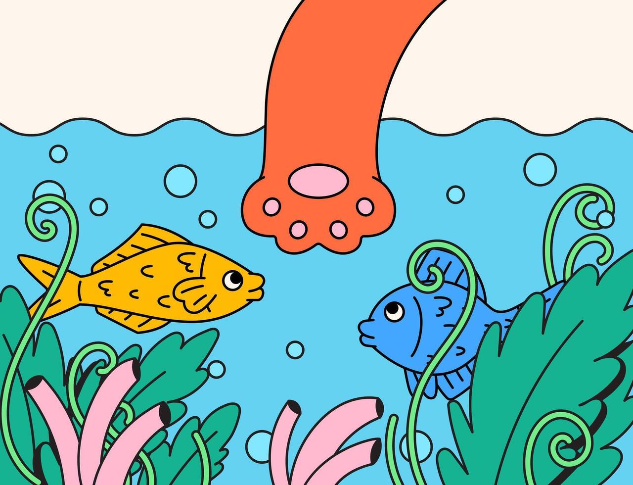 Cat hand reaching fish in underwater cartoon illustration hand drawn vector