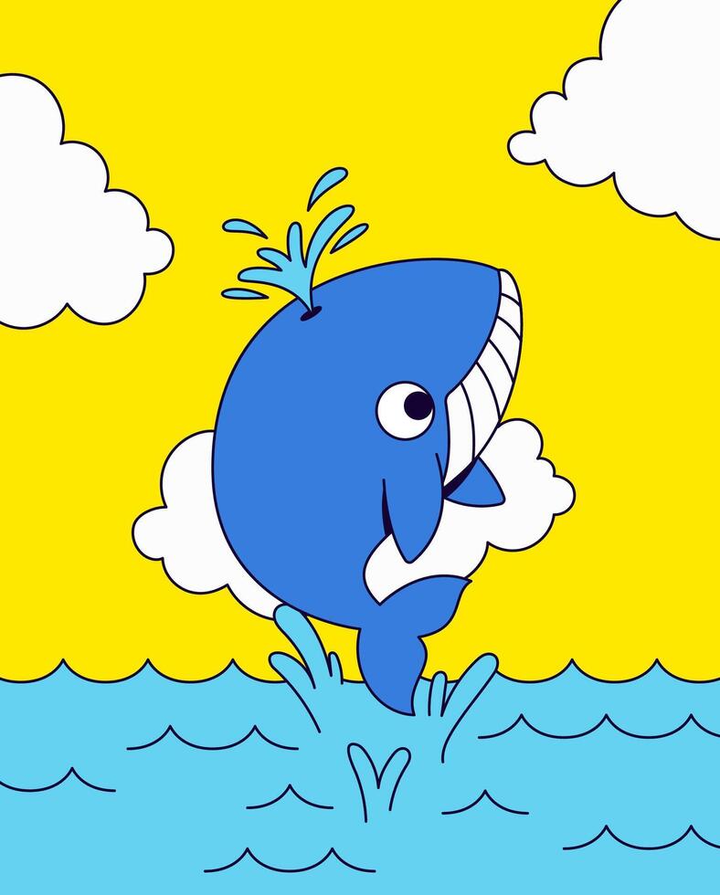 Jumping Whale with Splash water on the sea hand drawn vector