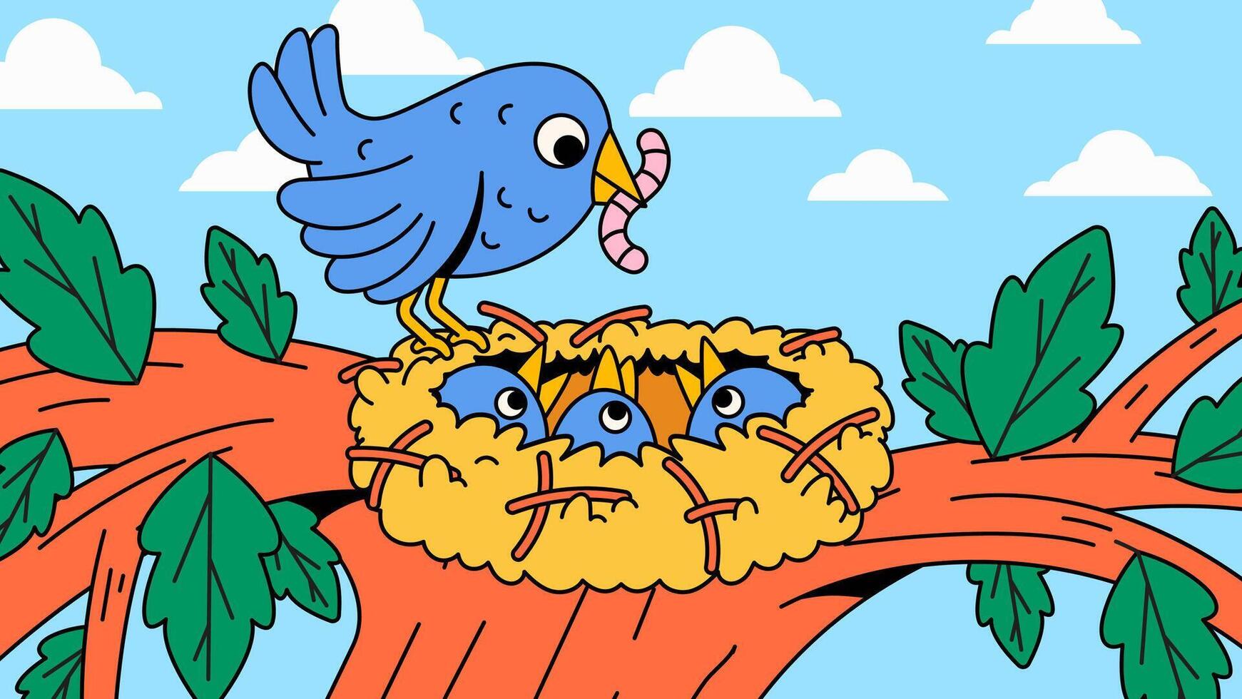 Bird feeding chicks in a nest on a tree branch illustration vector