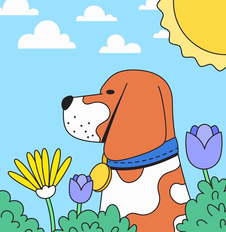 Dog in flowers garden with sun background hand drawn vector