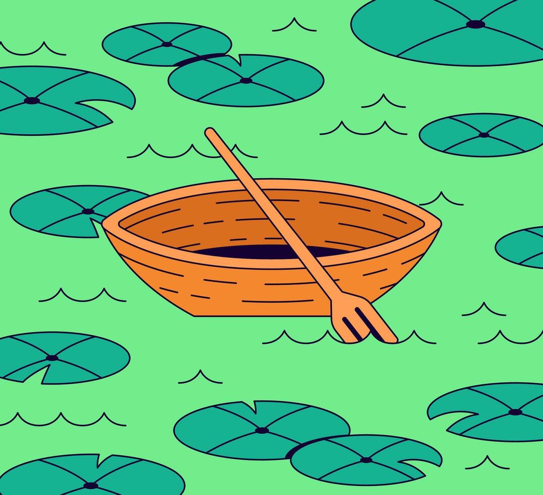 Cartoon illustration boat in the swamp and surrounded by lily pads vector