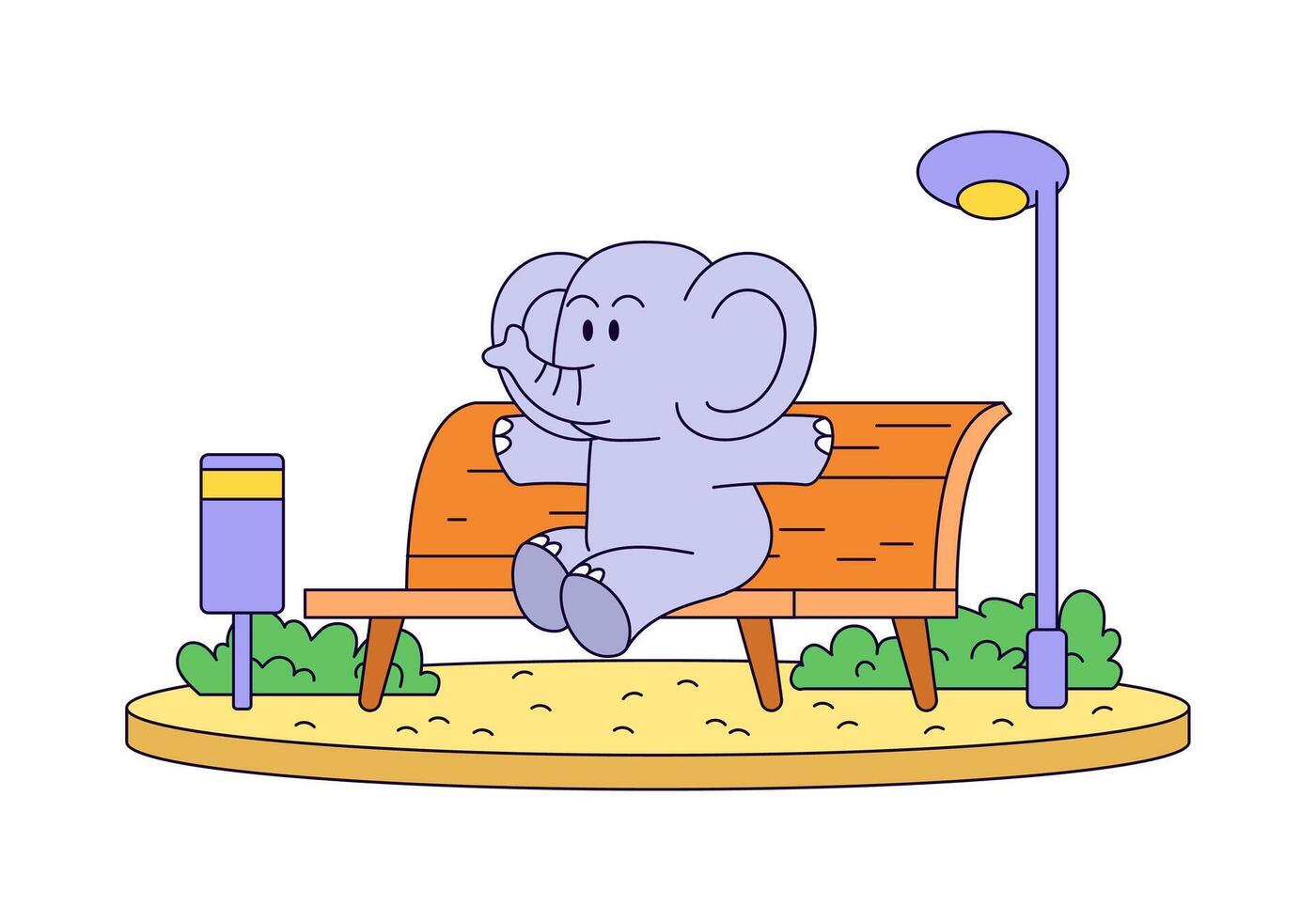 Elephant at the park and sitting on bench cartoon illustration vector