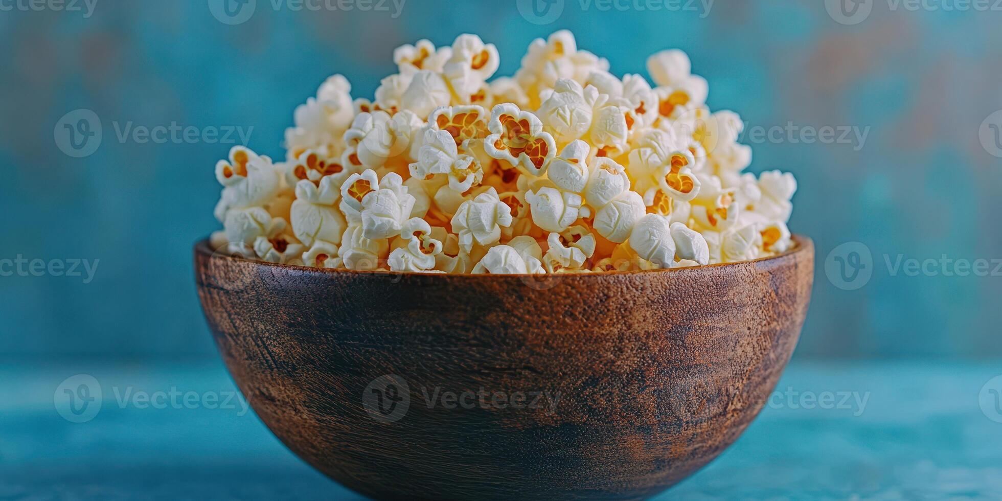 Freshly popped popcorn served in a wooden bowl against a textured blue background photo