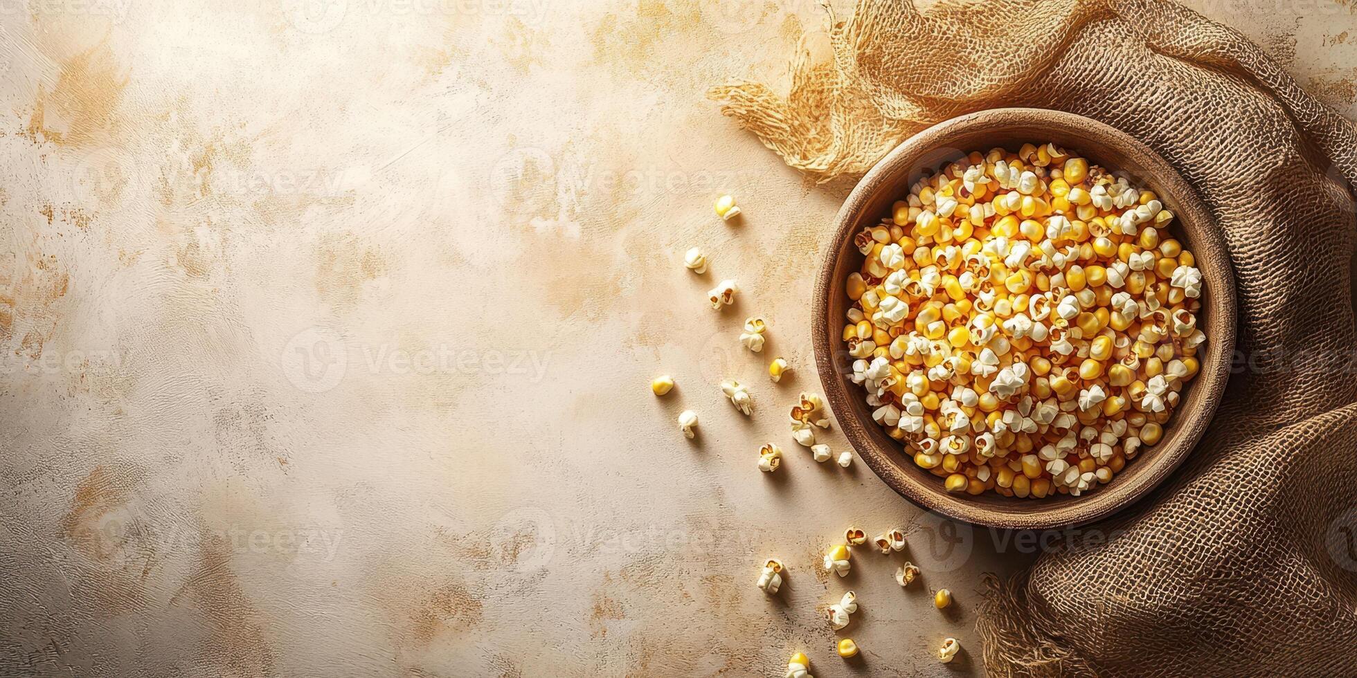 Freshly popped corn in a rustic bowl on a textured surface surrounded by scattered kernels and burlap fabric photo