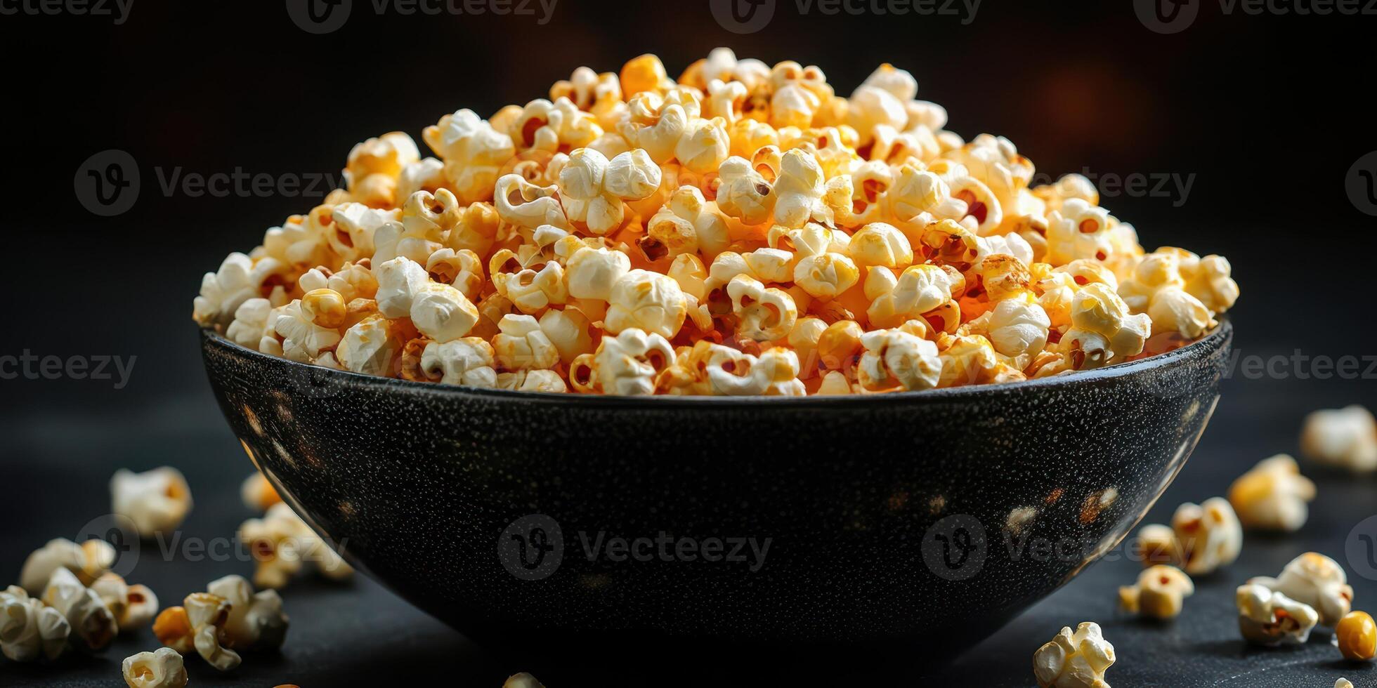 Enjoying freshly popped popcorn in a large black bowl, perfect for movie nights or snack time photo