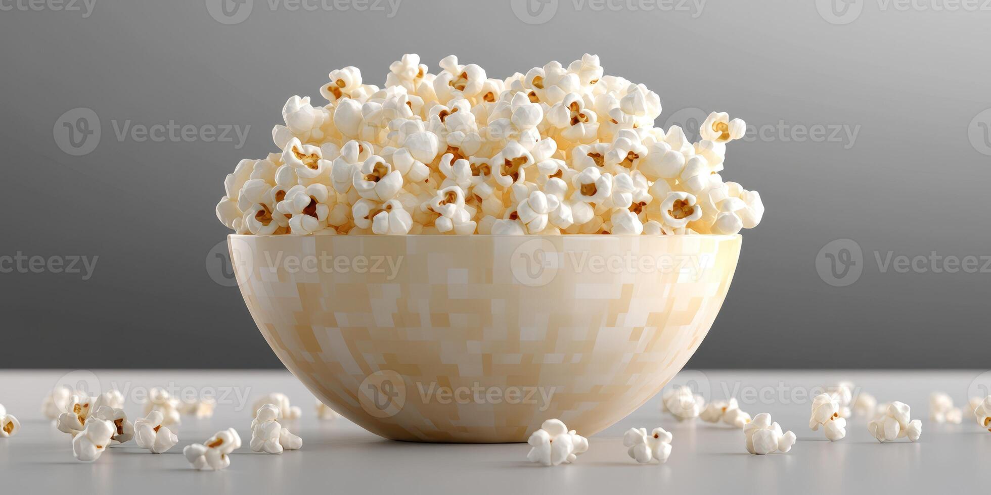 Bowl of freshly popped popcorn overflowing on a white surface with scattered kernels nearby photo