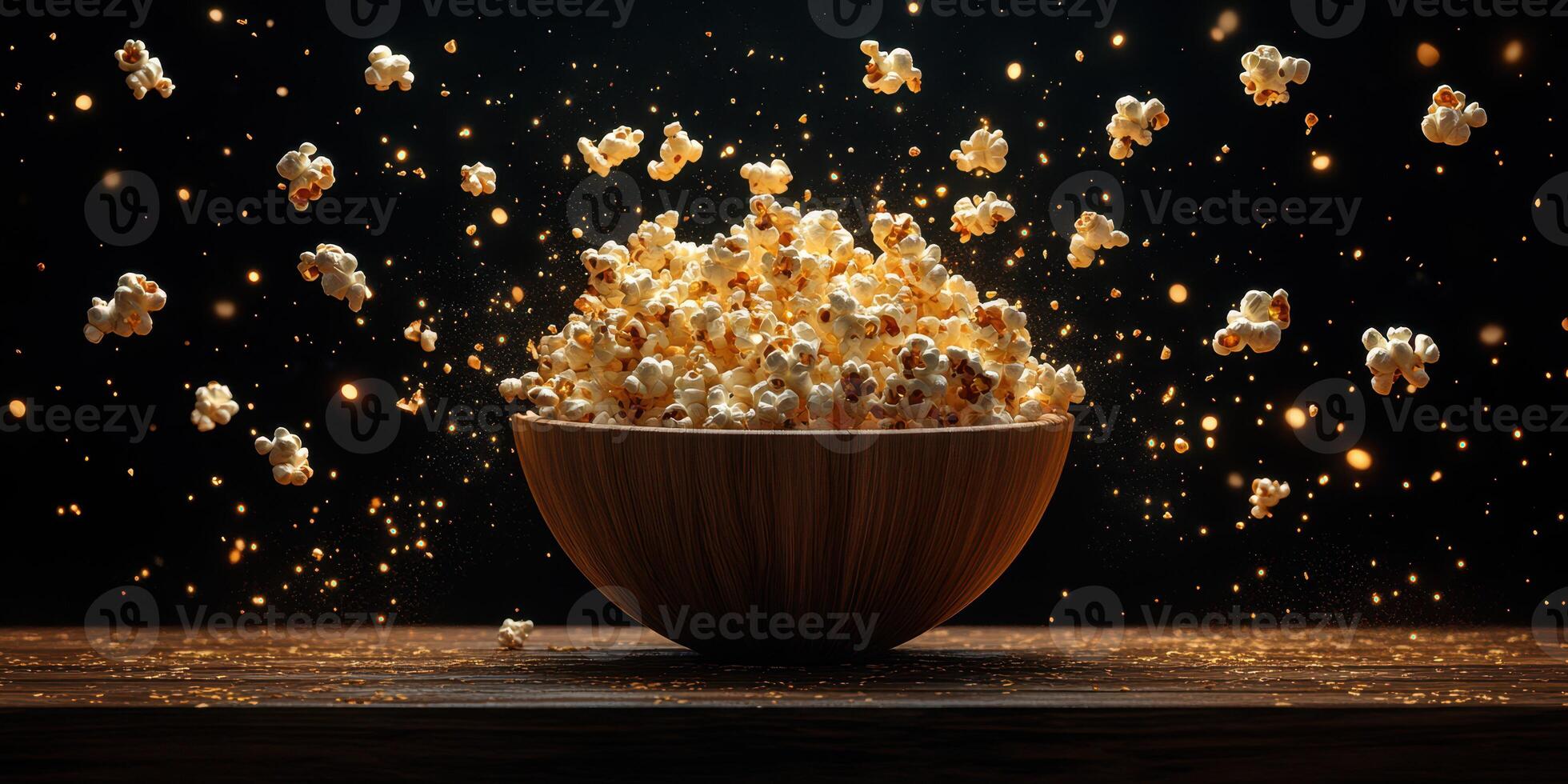 Popcorn bursting from a wooden bowl with shimmering particles in a dark setting during a movie night photo