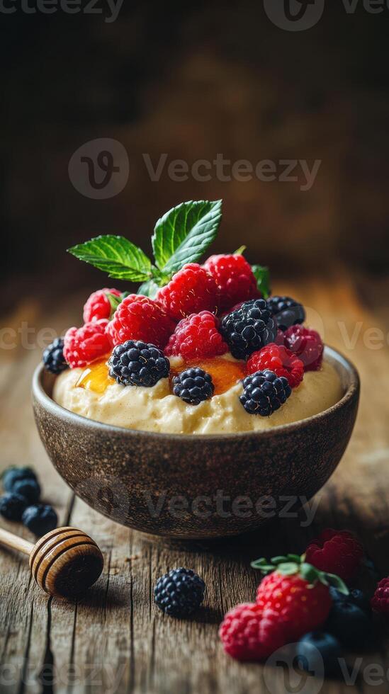 Creamy dessert topped with fresh red and black berries served in a rustic bowl on a wooden table photo