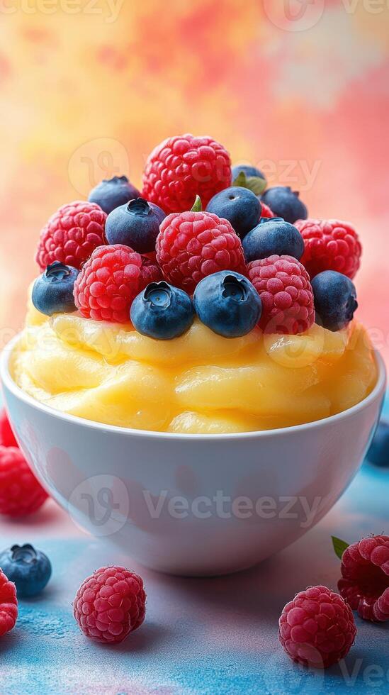 Fresh berry topping on creamy dessert in colorful setting with vibrant hues and soft focus photo