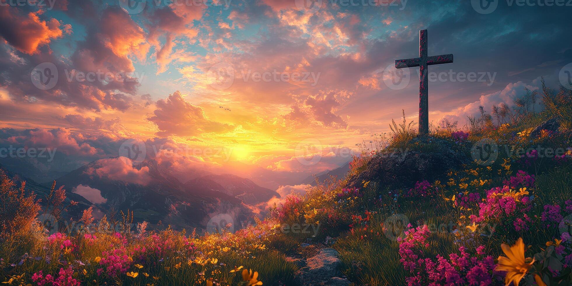 Vibrant sunset over mountains with wildflowers and a cross on peaceful hillside photo