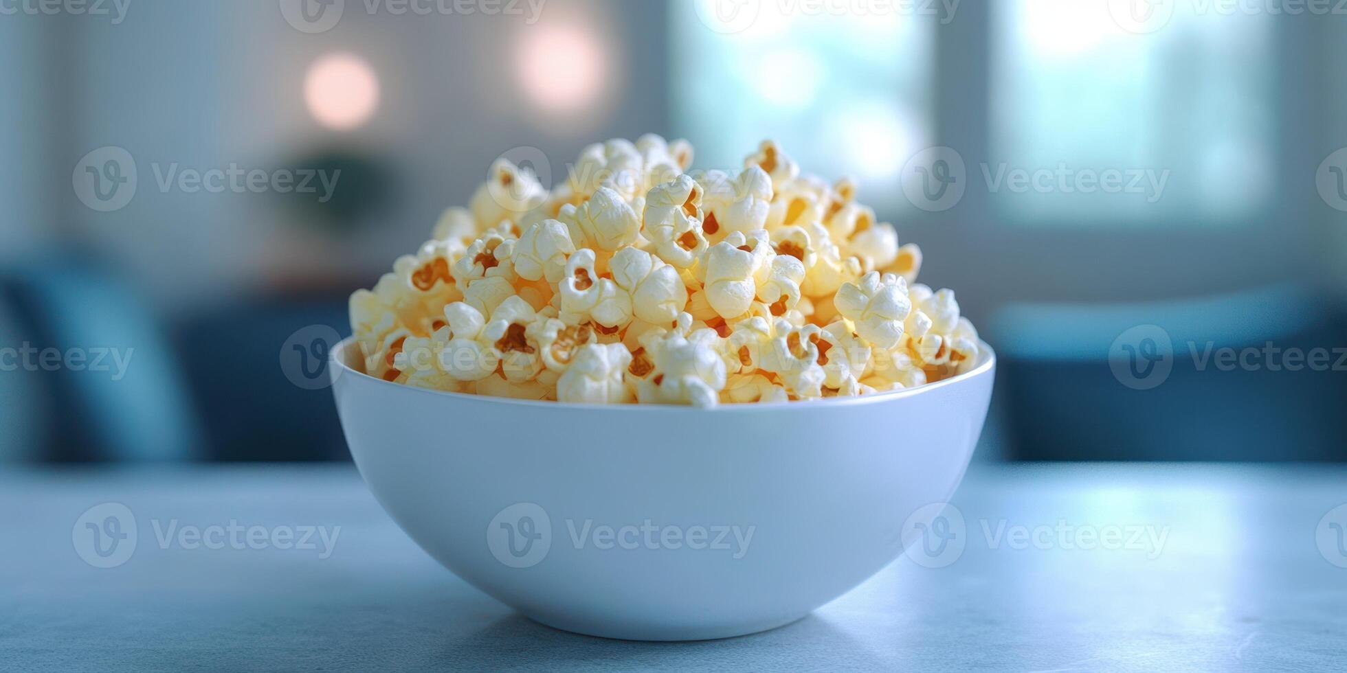 Freshly popped popcorn in a white bowl set on a table with a cozy living room background photo