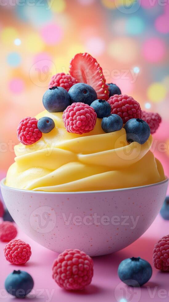 Delicious frozen yogurt topped with fresh berries in a colorful and vibrant setting photo