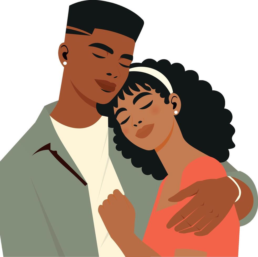 Beautiful black couple of lovers hugging, cartoon illustration vector