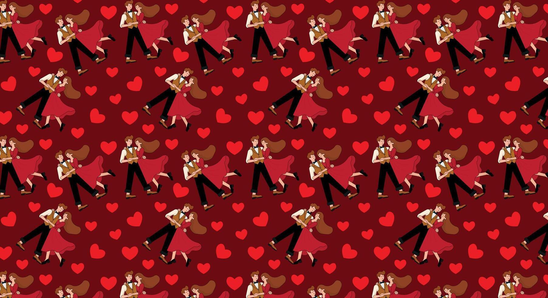 Valentine couple, dancing, with several hearts around them, pattern for designer backgrounds, repeat, background in red tones. vector