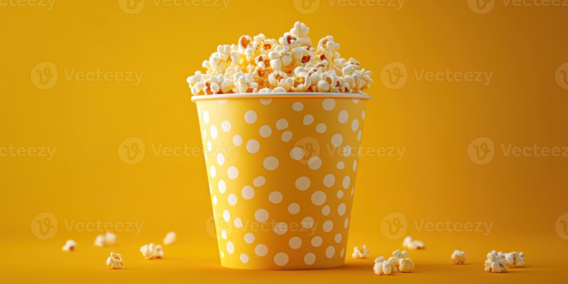 Popcorn in a yellow cup with polka dots on a vibrant background for snacks and movie nights photo