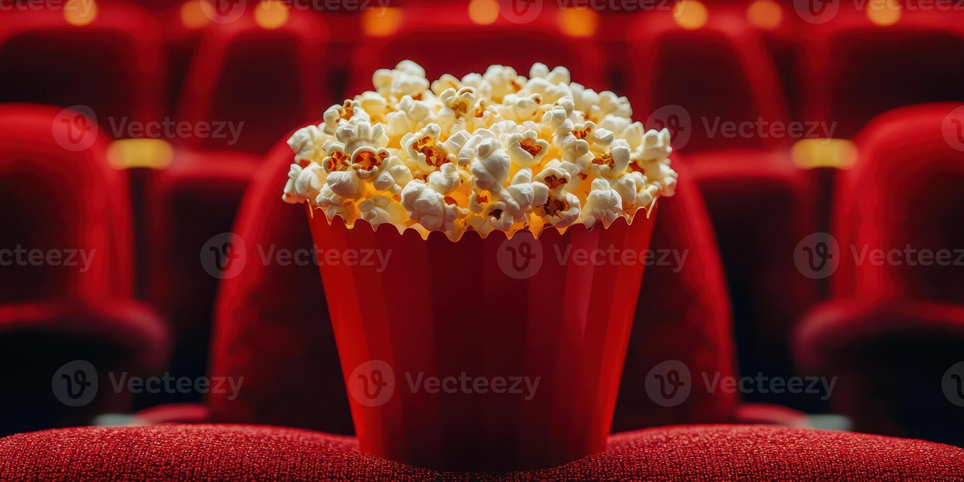 Freshly popped popcorn sits in a red container in a movie theater ready for an evening film experience photo