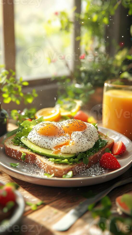 Delicious breakfast featuring poached eggs on avocado toast with fresh fruits and juice in a cozy setting photo