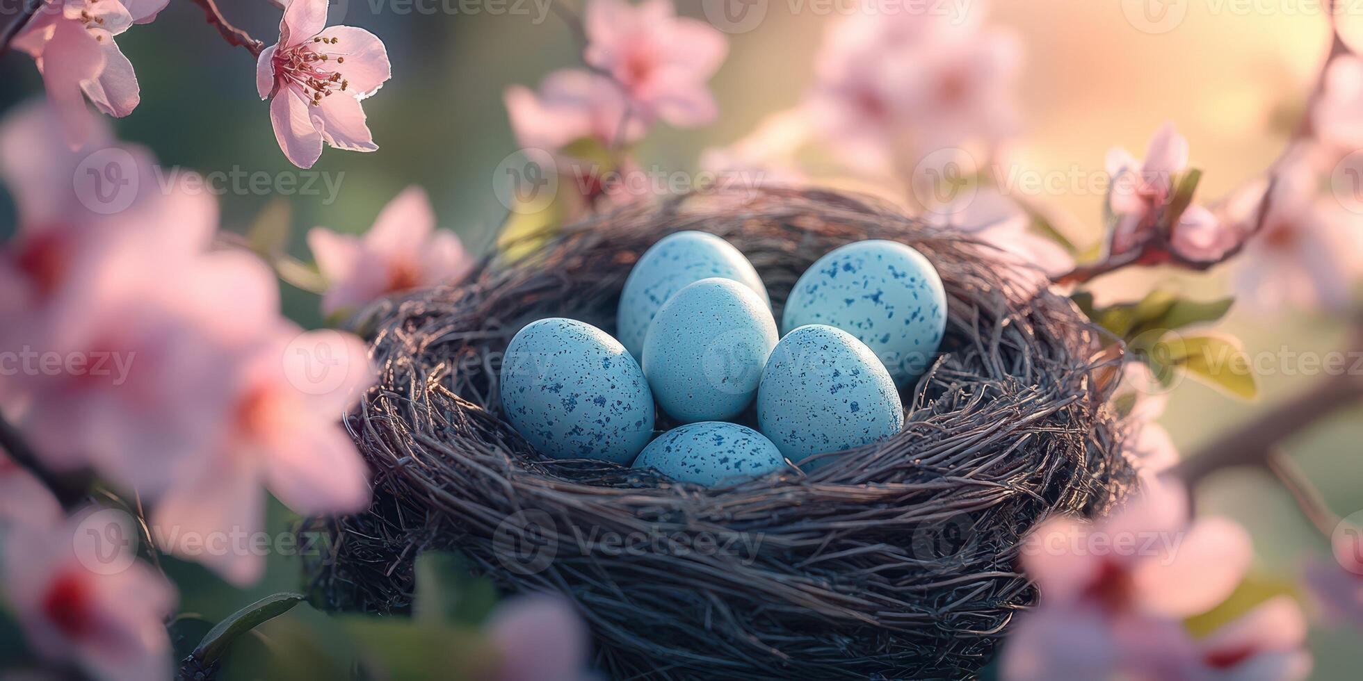 Nest with blue speckled eggs surrounded by blooming flowers in a tranquil garden during springtime photo
