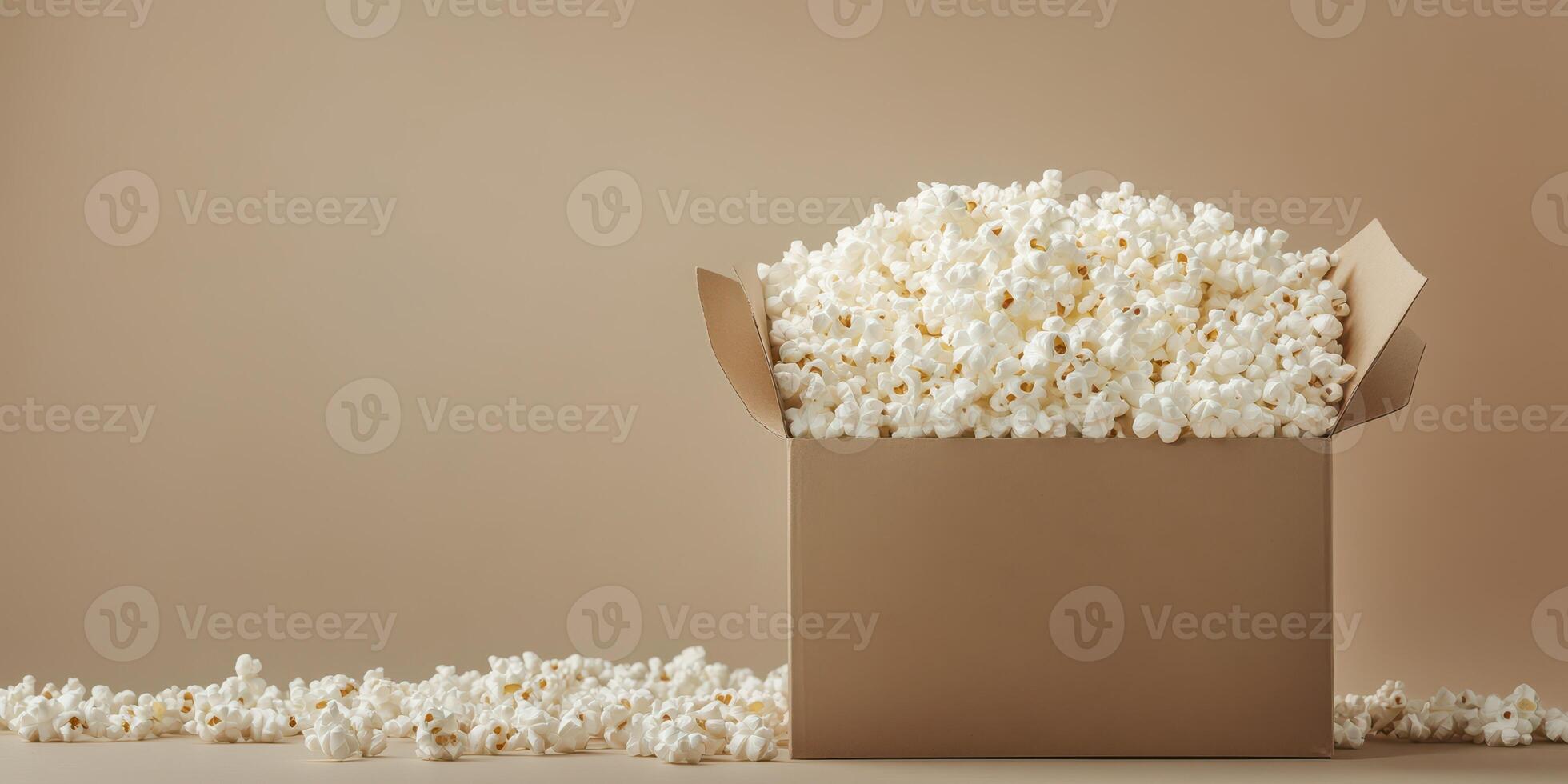 Box overflowing with popcorn against a plain background showcasing a fun snack ideal for movie nights photo