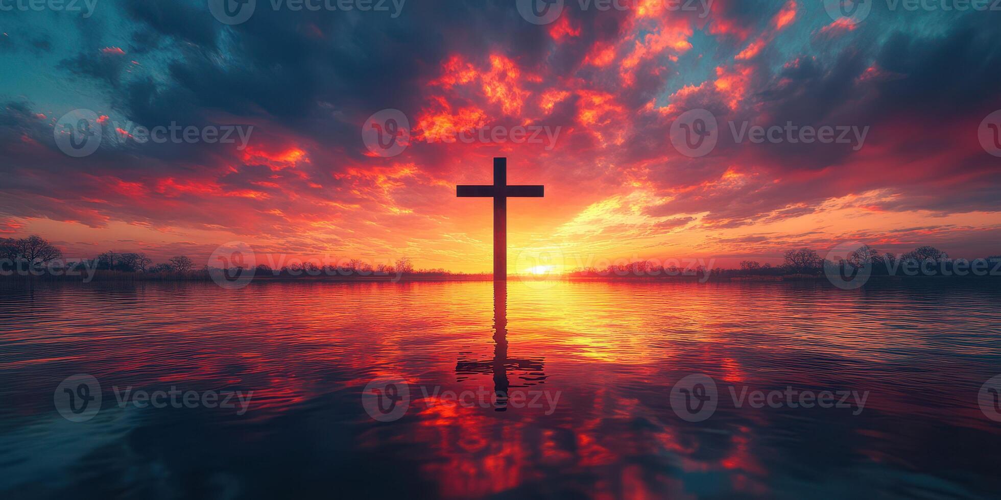 Sunset over calm water with a cross silhouetted against vibrant clouds and warm hues photo