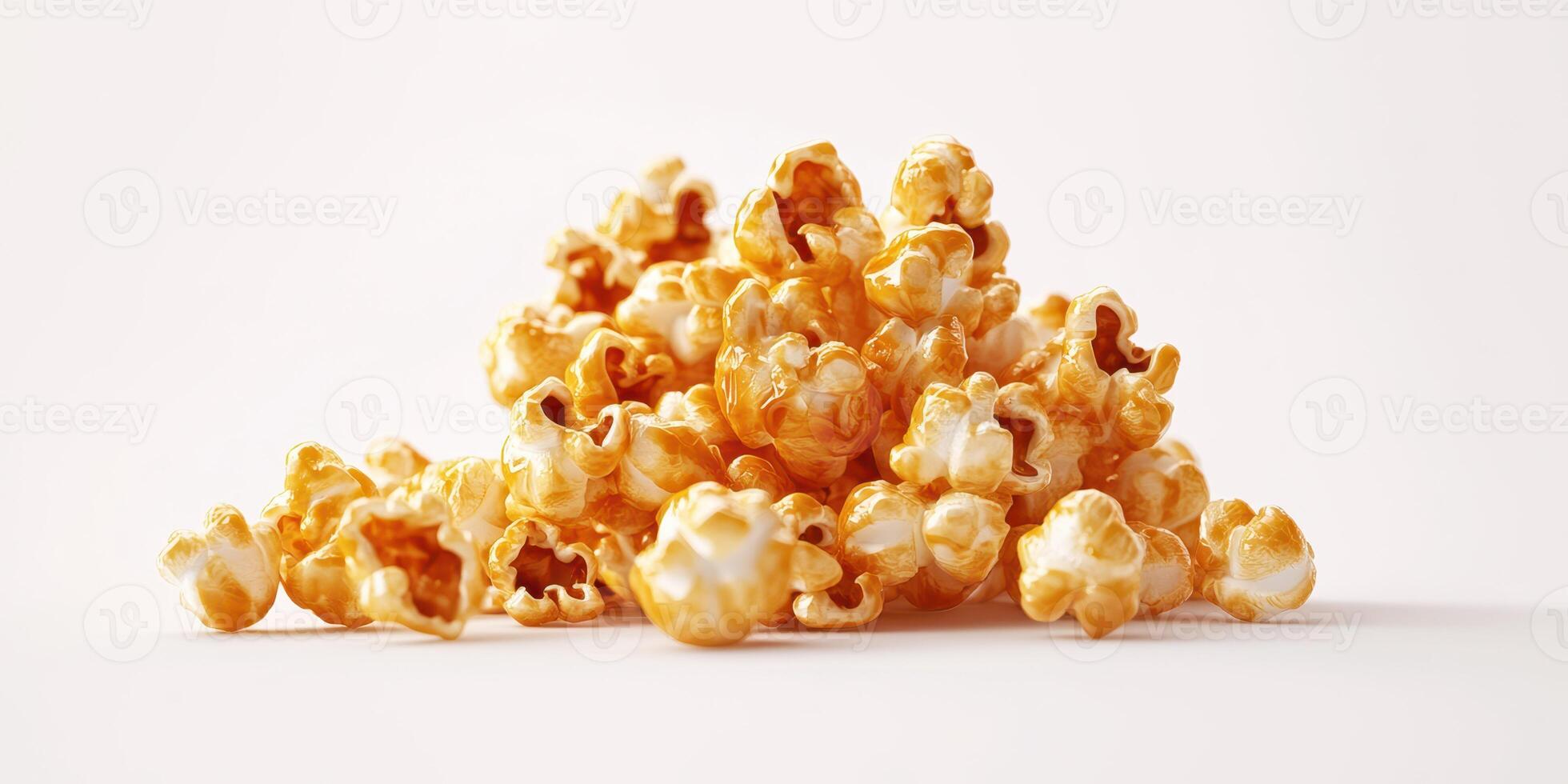 Pile of caramel popcorn on a white background, showcasing a sweet snack perfect for movie nights or celebrations photo