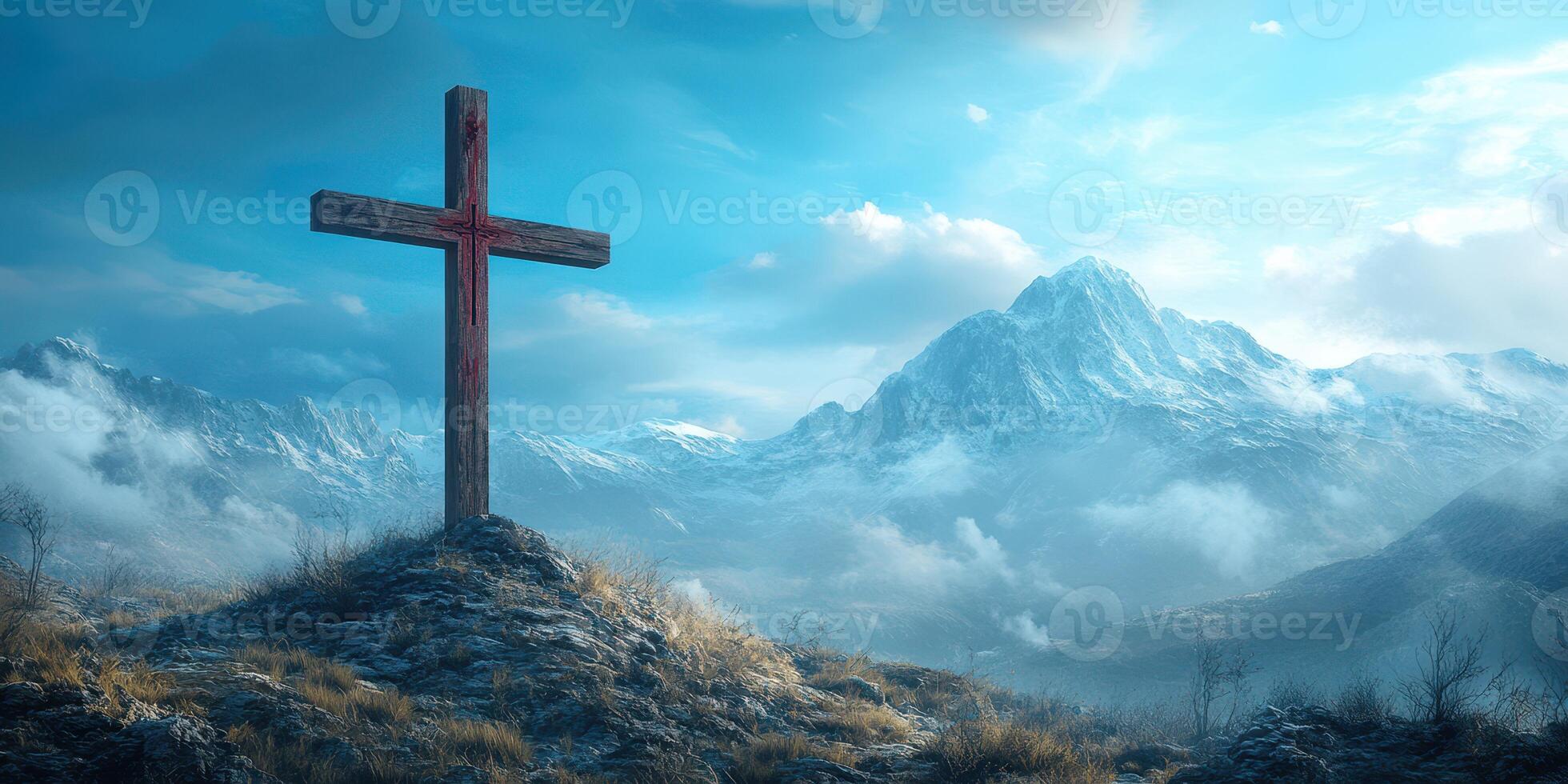 Scenic view of a wooden cross on rocky terrain with majestic mountains and clouds in the background during daylight photo