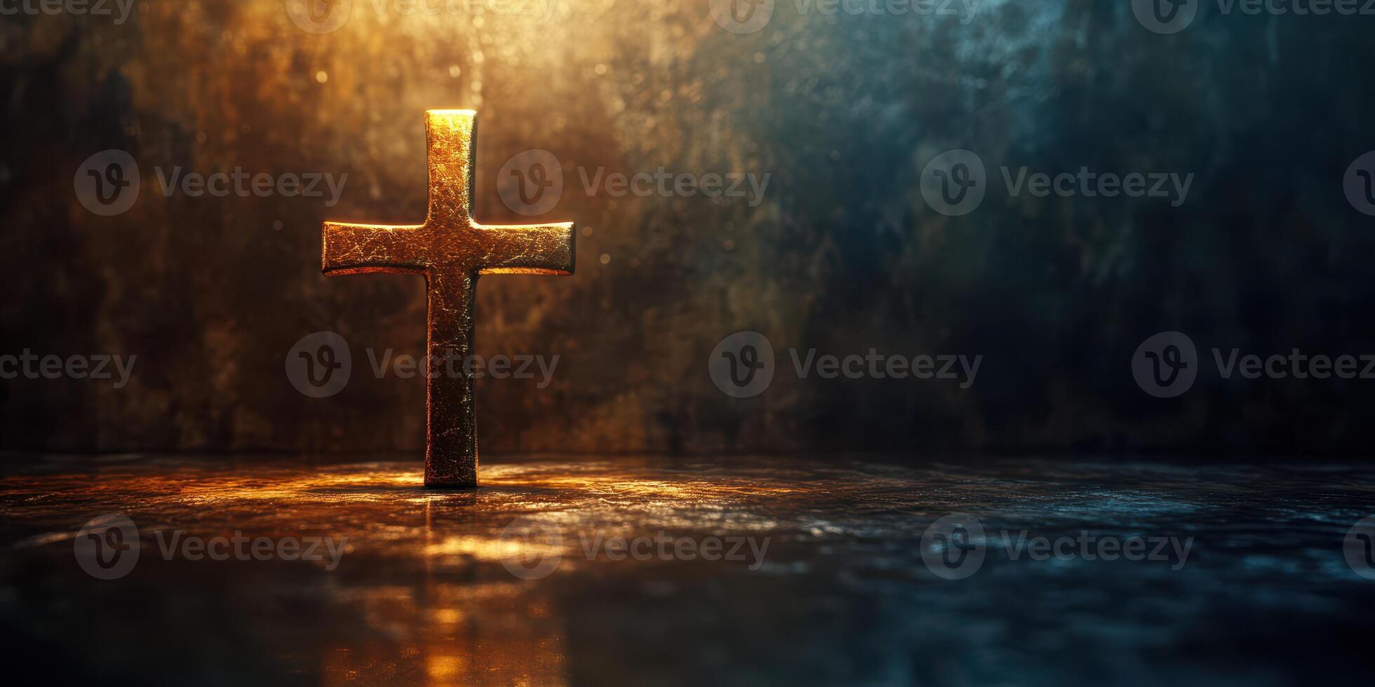 Golden cross illuminated in a moody atmosphere with textured background and warm glow at nighttime photo