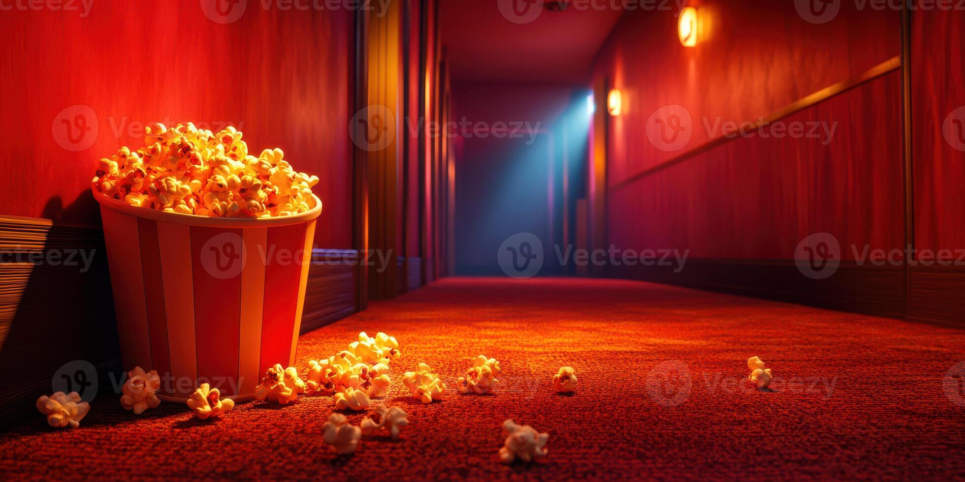 Popcorn scattered in a red carpeted hallway with dramatic lighting in a cinema setting photo