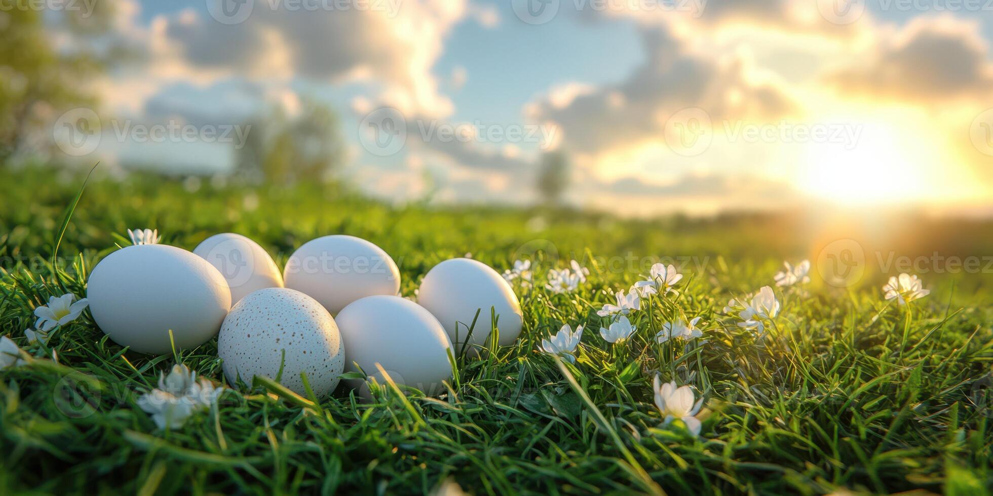 White eggs resting on vibrant green grass with small flowers under a bright sunrise sky in a serene landscape photo