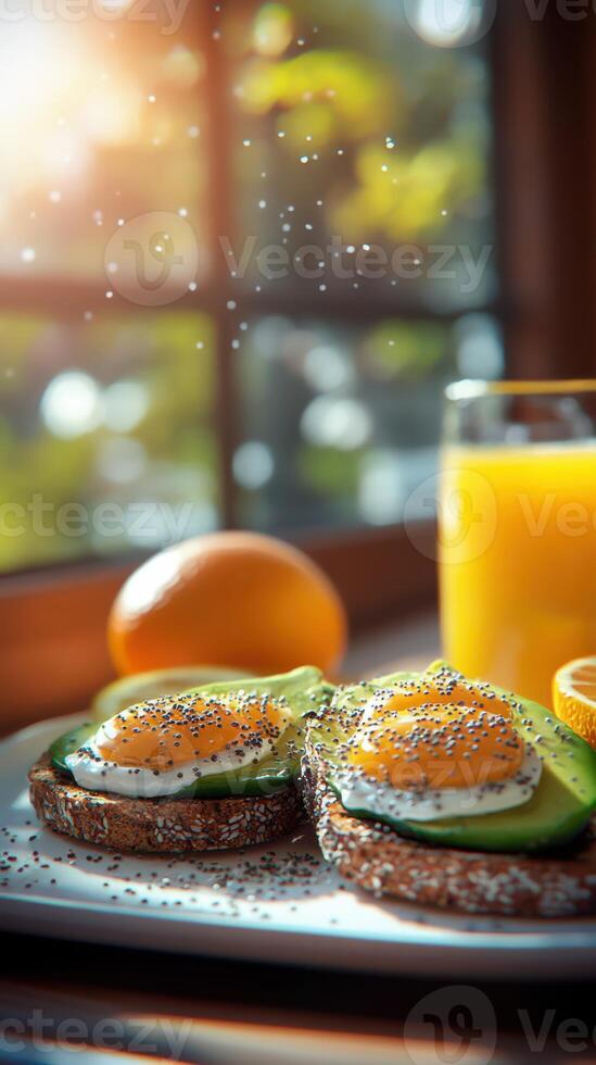 Breakfast spreads with avocado toast, sunny-side up eggs, fresh orange juice, and bright morning light in cozy kitchen setting photo