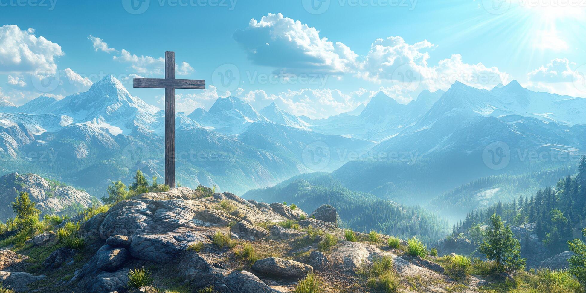 Wooden cross stands atop rocky hill with expansive mountain views under bright blue sky and fluffy clouds in mid-morning light photo