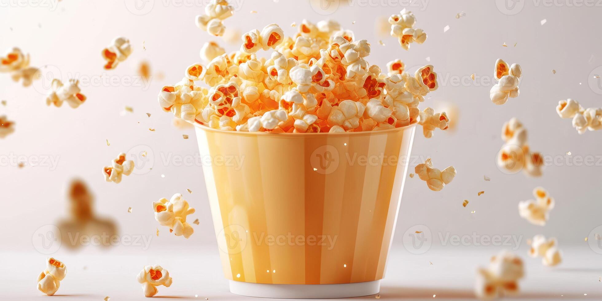 Popcorn overflowing from a yellow container on a light background, creating a playful and lively atmosphere at a movie night gathering photo