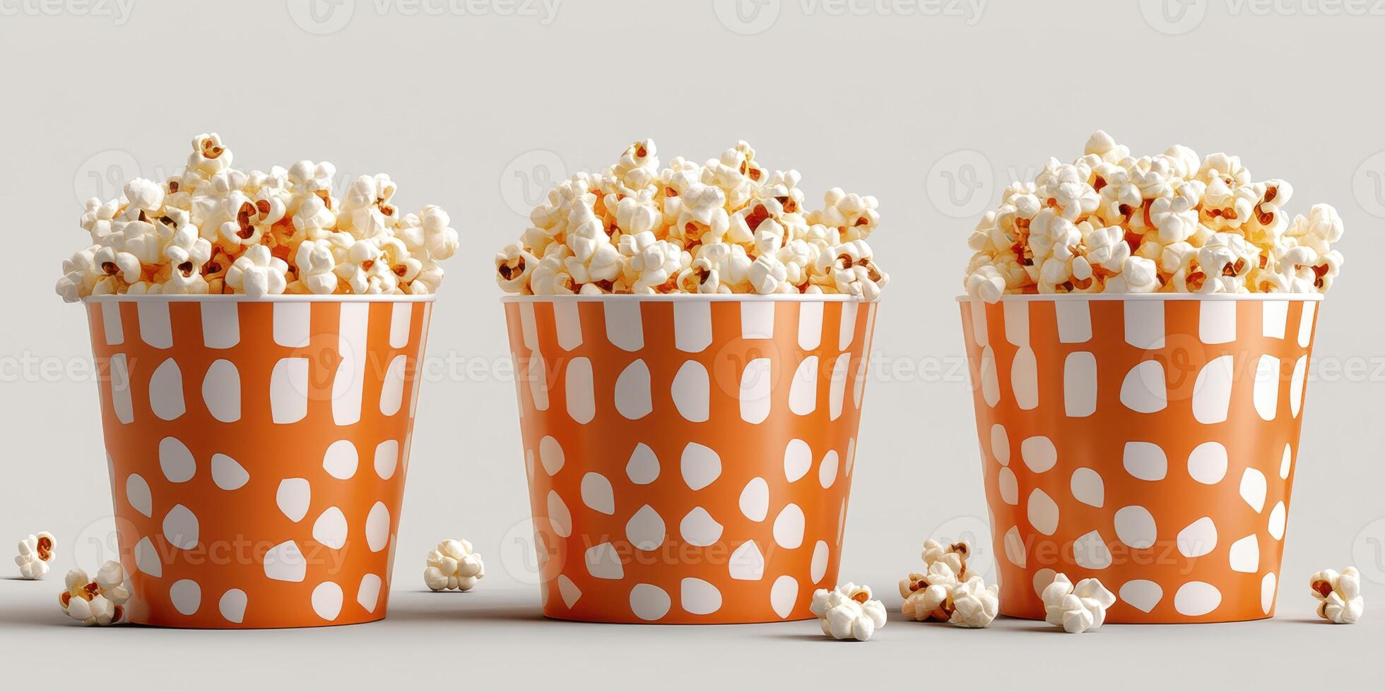 Colorful popcorn buckets filled with fluffy popcorn on a neutral background ready for snacking photo