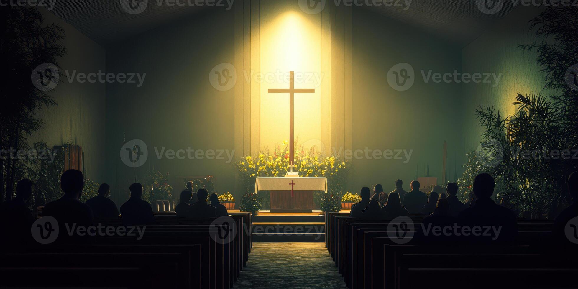 Reflection and reverence during a solemn gathering in a dimly lit chapel with a prominent cross and altar adorned with flowers photo