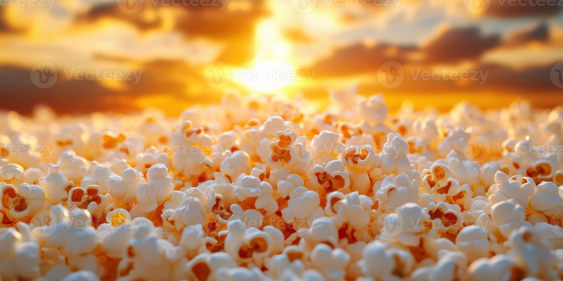 Popcorn kernels blanket the ground as the sun sets, creating a surreal landscape filled with light and warmth photo