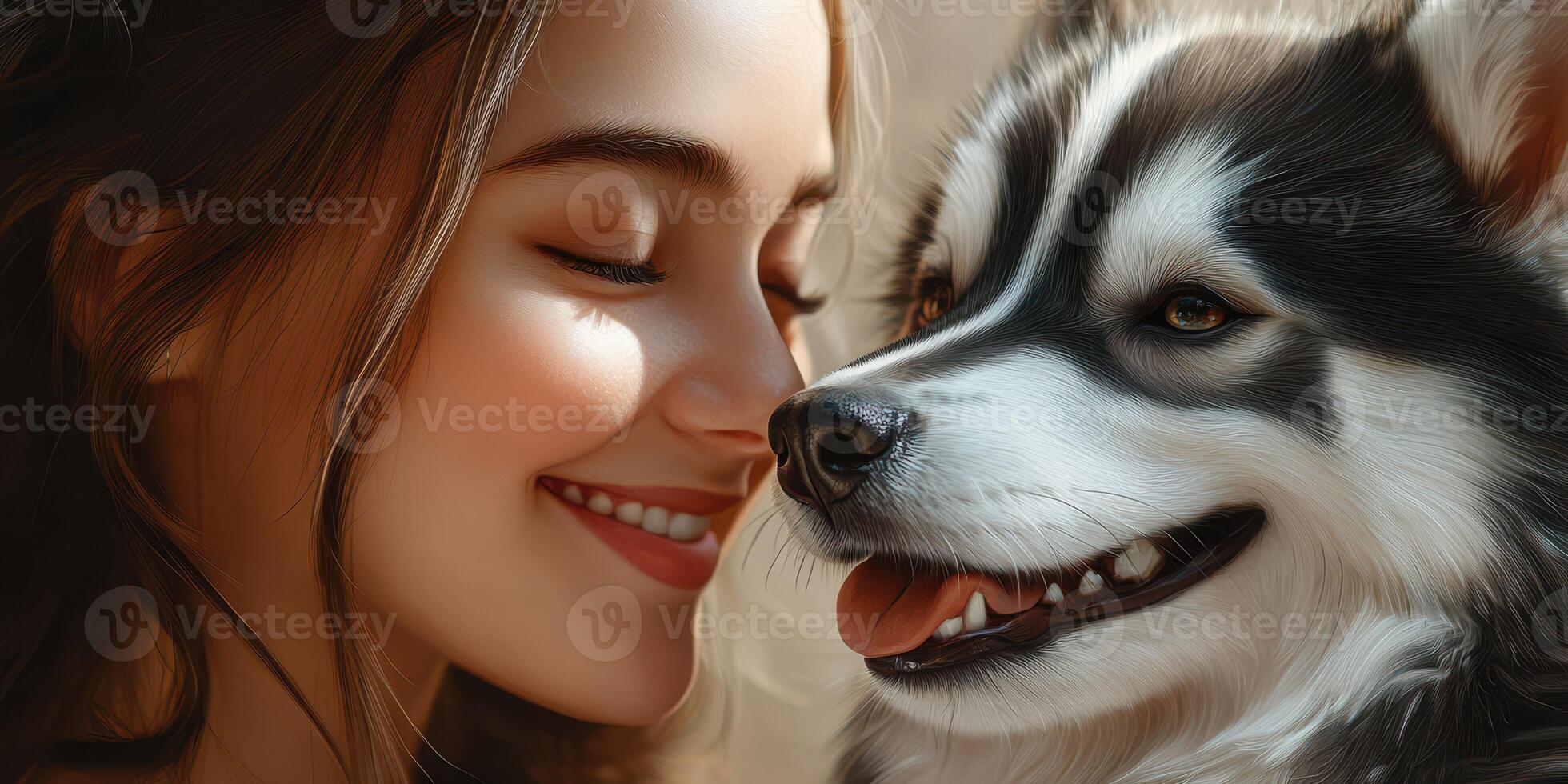 Joyful moment shared between a young woman and her friendly dog in soft natural light photo