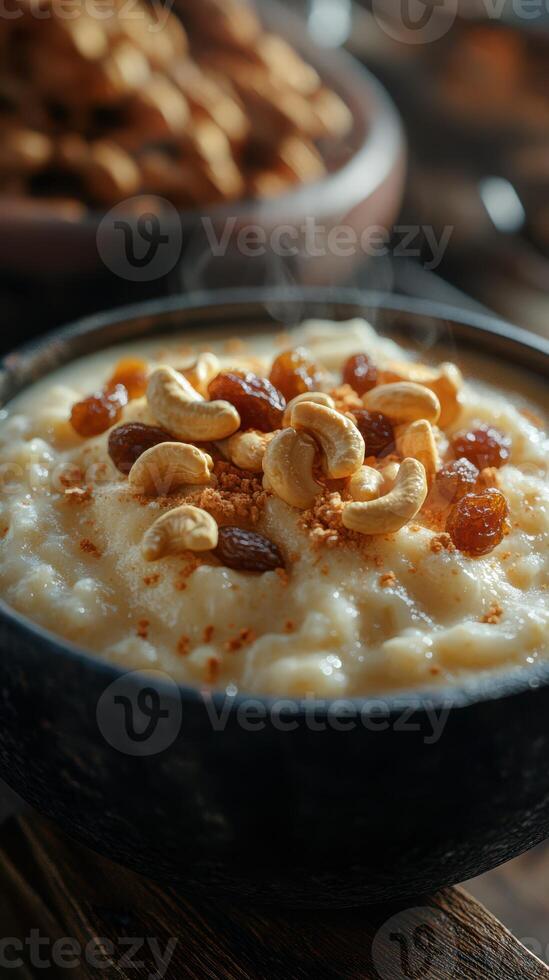 Creamy dessert topped with nuts and raisins served in a rustic bowl on a wooden table photo